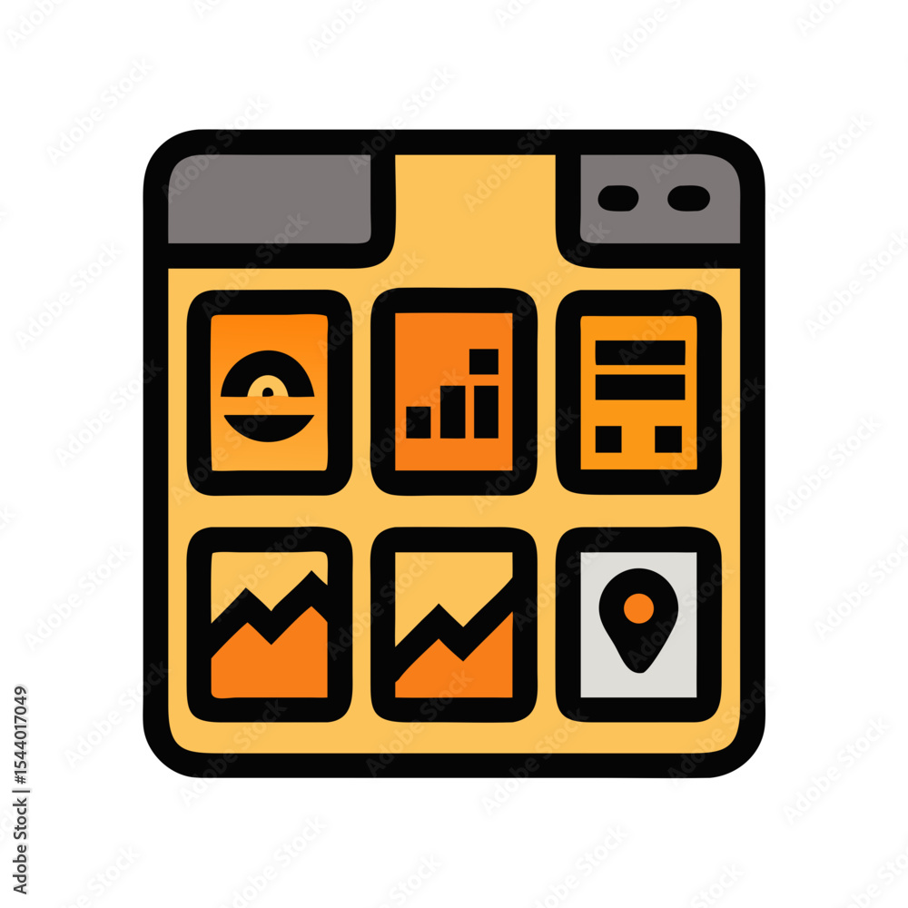 Poster smart app dashboard icon featuring data visualization panels and location marker - smart thermostat 