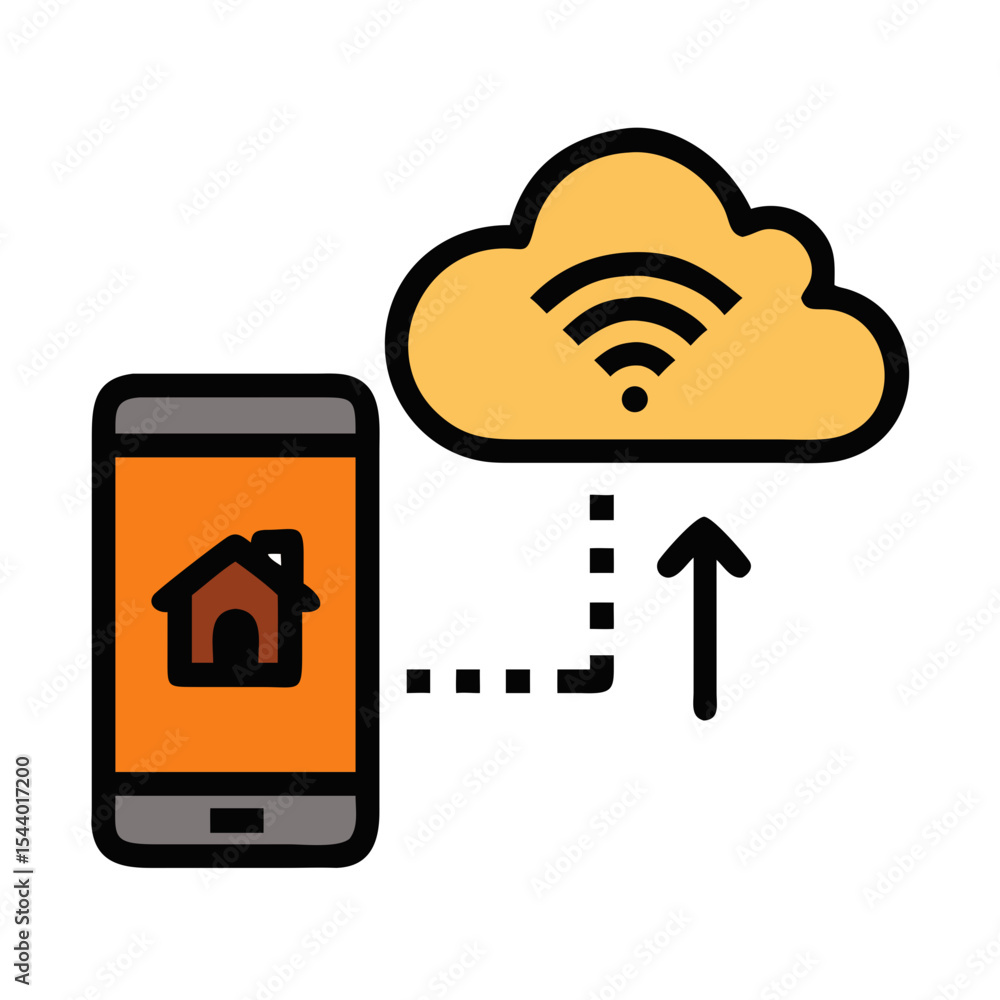 Poster smart home cloud sync icon featuring a smartphone connected to a cloud for data management - smart t