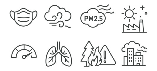 Pollution and environmental linear icon set. air quality and safety outline icons