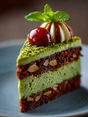 Dark Chocolate cake with cream and pistachio, dubai chocolate style