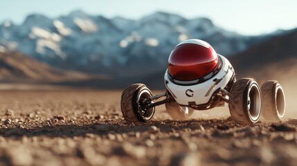 A sleek, futuristic rover with a glossy finish navigates a rocky desert landscape, showcasing a dramatic backdrop of snow-capped mountains under a clear blue sky.