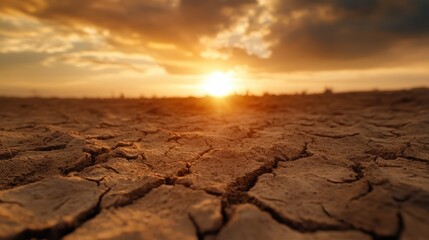 A close-up view of cracked earth stretches across a landscape beneath a stunning dramatic sunset, symbolizing climate change, drought, and the need for conservation.