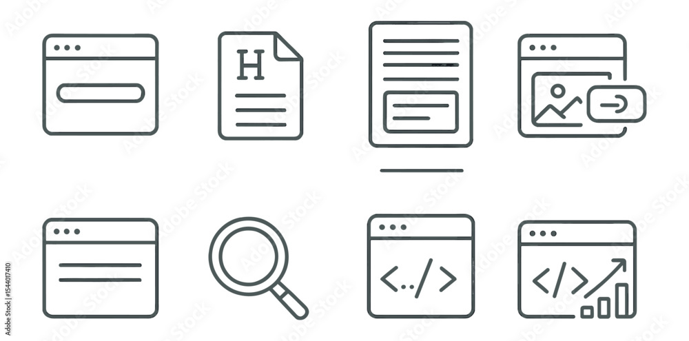 Poster web development outline icon set. coding, design, seo symbols collection