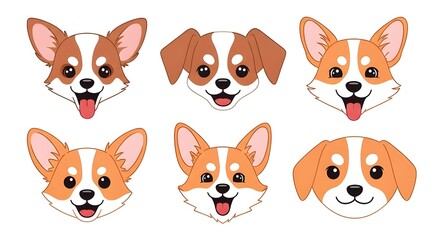 Cute Smiling Dog Heads Doodle Vector Set – Happy Chihuahua & Corgi Faces for Stickers