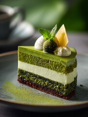 Green matcha cake pistachio, Dubai chocolate style. AI Generative