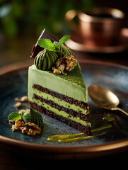 Dark Chocolate cake with cream and pistachio, dubai chocolate style