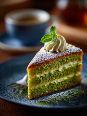 Green matcha cake pistachio, Dubai chocolate style. AI Generative