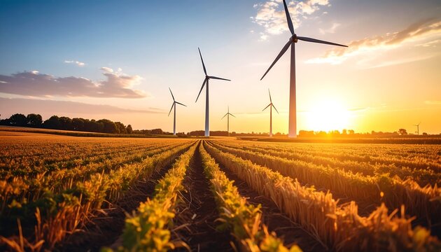 Sunset over wind turbines with wheat field.