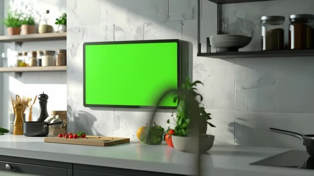 Modern kitchen featuring a vibrant green screen television Fresh produce rests on a clean countertop bathed in sunlight Cooking inspiration fills this cozy space