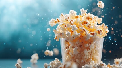 A delightful burst of fluffy popcorn spilling from a stylish container against a shimmering background, satisfying the craving for a perfect movie snack experience.