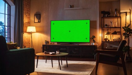Green screen TV in cozy living room.