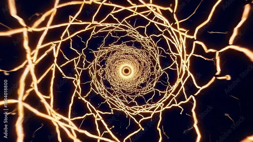 Poster glowing abstract background - tunnel with neural electric currents radiating from the center in an o
