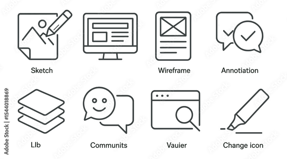 Poster web development outline icon set. sketch, wireframe, annotation tools collection