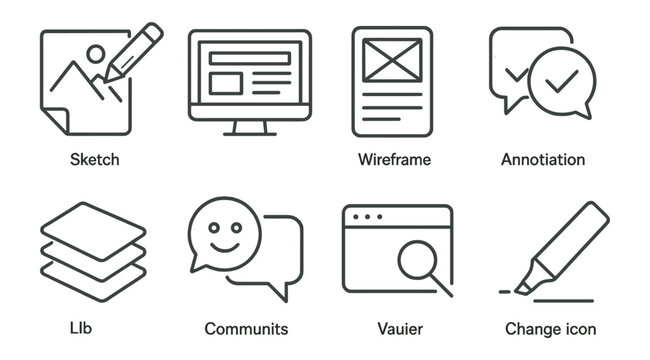 Web development outline icon set. sketch, wireframe, annotation tools collection