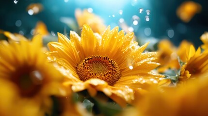 A stunning close-up of a bright sunflower emerges in a field, glistening with raindrops and sunlight, symbolizing beauty, life, and nature's vibrancy.