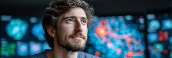 34 year old male geneticist using AI driven image analysis to annotate histology slides with a crosshatch overlay showing glowing depiction of tumor stroma interface