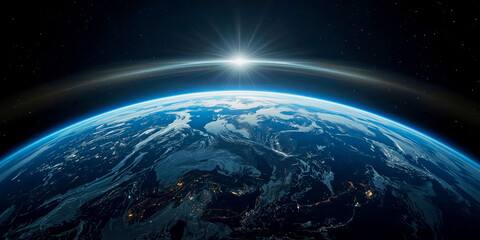 Fototapeta premium Stunning view of Earth from space showcases sunrise over the horizon