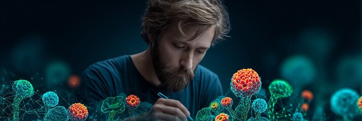 34 year old male geneticist using AI driven image analysis to annotate histology slides with a crosshatch overlay showing glowing depiction of tumor stroma interface