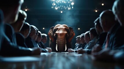A striking visual metaphor showcasing an elephant sitting prominently in a boardroom, representing overlooked issues and significant conversations in business.
