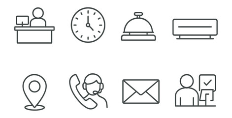 Fototapeta na wymiar Hotel, hospitality outline icon set. reception, booking, concierge icons in outline style