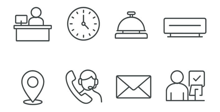 Hotel, hospitality outline icon set. reception, booking, concierge icons in outline style
