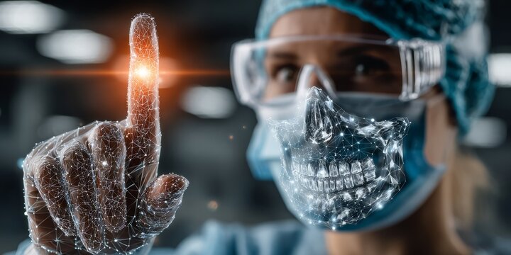 Medical professional in futuristic gear interacting with digital interface and transparent anatomical overlay