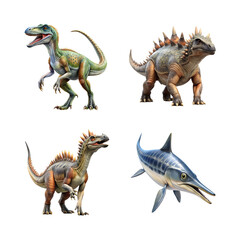 Fototapeta premium four of pinacosaurus grangeri huayangosaurus taibaii and ichthyosaurus communis with herrerasaurus ischigualastensis clean on transparent background
