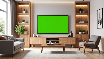 Green screen TV in modern living room.