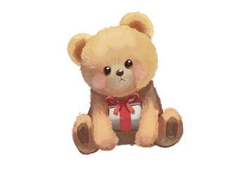 クマのぬいぐるみとプレゼントのイラスト