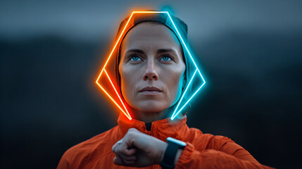 36 year old female jogger pausing on a city trail to glance at her smartwatch displaying continuous glucose levels with a neon infographic overlay showing real time glycemic trends