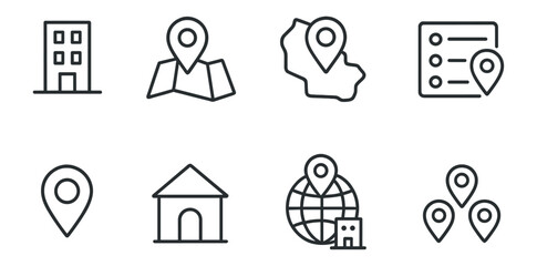 Obraz premium Map location outline icon set. navigation, gps, place markers outline collection
