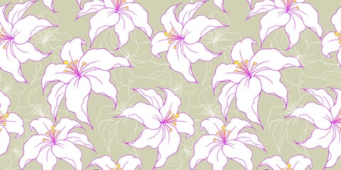 Seamless repeating pattern of tropical hibiscus flowers in white color on yellowish  background.