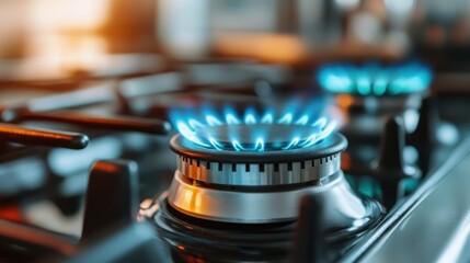 An up-close view of a gas stove ignited, showcasing mesmerizing blue flames, emphasizing the powerful blend of energy and domesticity in a culinary setting.