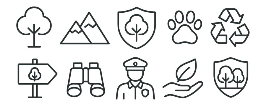 Nature and conservation icon set. environment, wildlife protection line art icons