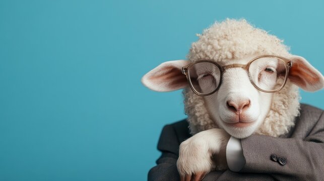 A whimsical and humorous portrayal of a sheep dressed in a business suit and glasses, capturing the playful juxtaposition of nature and modernity.