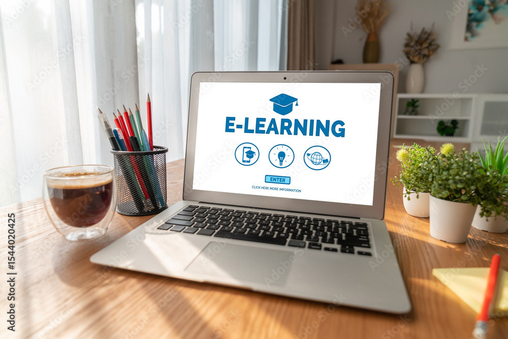 Poster e-learning website with modish sofware for student to study online on the internet network