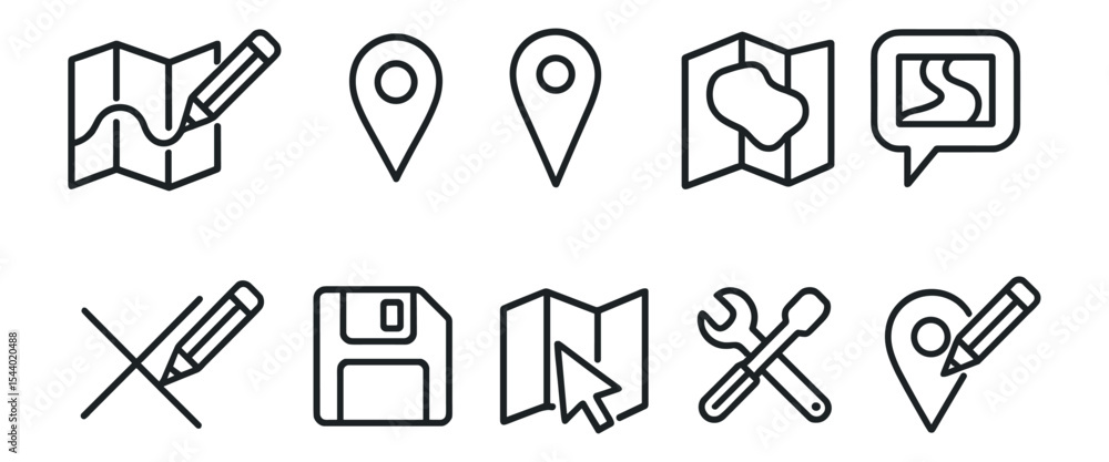 Poster map and navigation icon set. travel, location linear icons collection