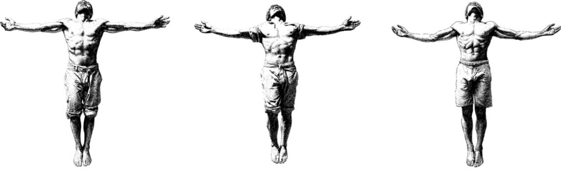Black ink dotwork sketch, man with open arms and torso, levitating in air full height