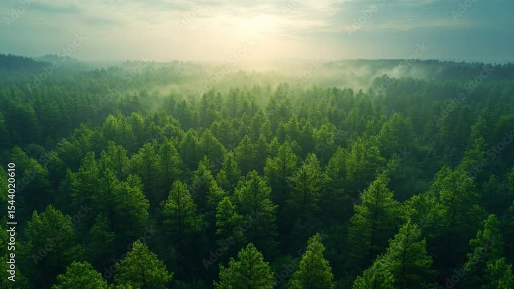 Aufkleber sunrise over evergreen forest: a breathtaking aerial view of a vast evergreen forest bathed in the g