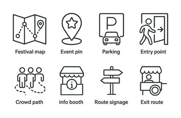 Events and festivals line icon set. map, parking, and navigation tools collection