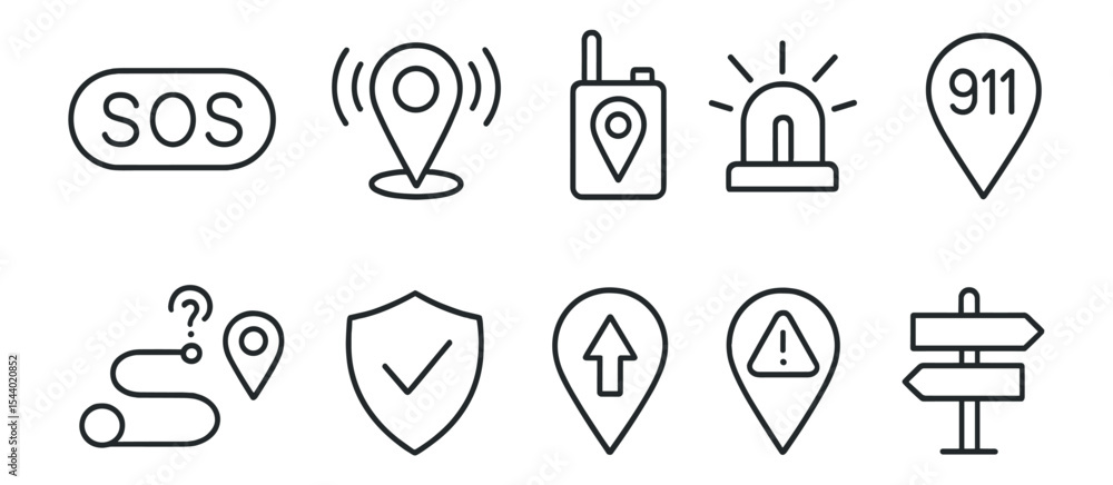 Poster emergency and navigation line icon set. alert, safety symbols in linear style