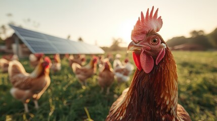 A striking rooster stands proudly among a group of hens in a picturesque farm setting, showcasing vibrant colors and the charm of rural life in the golden light of sunset.