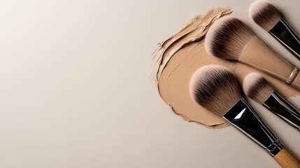 A set of elegant makeup brushes arranged with a creamy foundation swatch on a smooth surface, ideal for beauty enthusiasts and makeup artists.