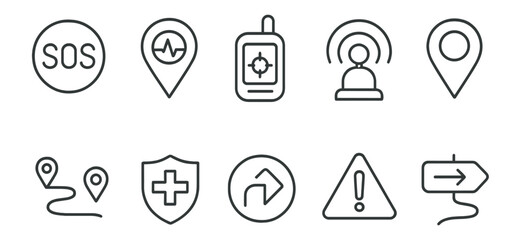 Emergency and navigation line icon set. safety, location, alert symbols collection