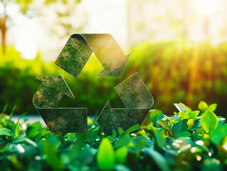 Aerial view Closeup headshot outdoor portrait Green recycle symbol icon sign with professional environment background to represent recycling or sorting of waste at office and for working people 