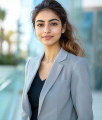 Aerial view Closeup headshot outdoor portrait of young middle eastern Israel businesswoman standing white office building. Successful smiling indian or arabic woman in casual business suit.