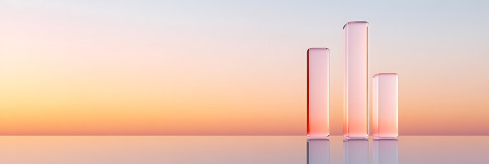 Abstract Glass Bar Chart at Sunset: a gradient sky frames translucent bars, symbolizing growth and progress against a serene, reflective surface.