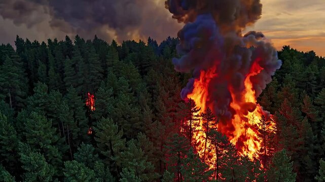 Wildfire burning through dense forest with large flames and smoke, dramatic environmental disaster scene ideal for climate, emergency, or news-related visuals