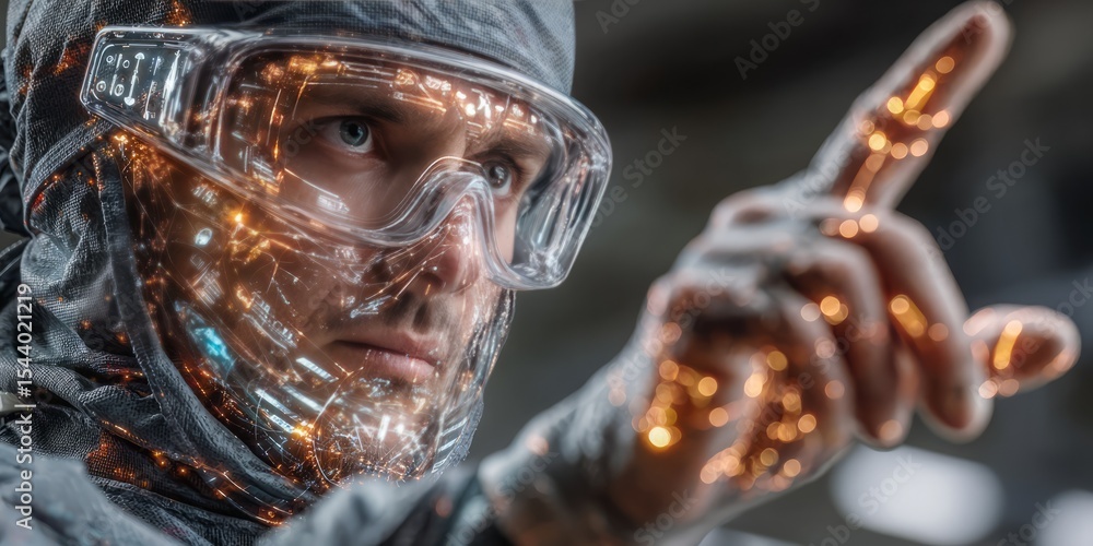 Poster man in futuristic visor suit interacting with glowing digital interface in high-tech environment
