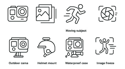 Photography, action camera line icon set. outdoor, sports, adventure icons collection